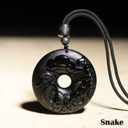 Buddha Stones Chinese Zodiac Natural Black Obsidian Peace Buckle Strength Necklace Pendant Necklaces & Pendants BS Snake