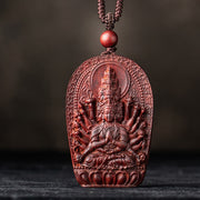 Buddha Stones Chinese Zodiac Natal Buddha Small Leaf Red Sandalwood Lotus Protection Necklace Pendant Necklaces & Pendants BS Rat-Thousand-armed Avalokitesvara