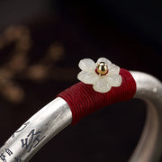 Buddha Stones 999 Sterling Silver Hetian Jade Plum Blossom Heart Sutra Red String Luck Bracelet Bangle Bracelet Bangle BS 11