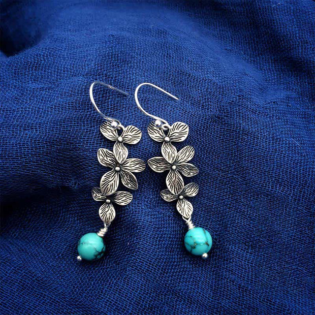 Buddha Stones 925 Sterling Silver Turquoise Lazurite Flower Leaf Serenity Protection Hook Drop Dangle Earrings Earrings BS 9