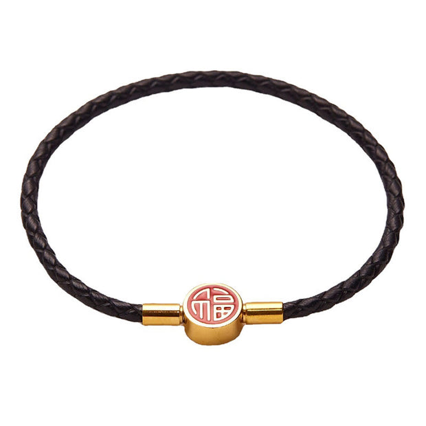 Buddha Stones Fu Character Blessing Fortune Leather Buckle Bracelet Bracelet BS 4