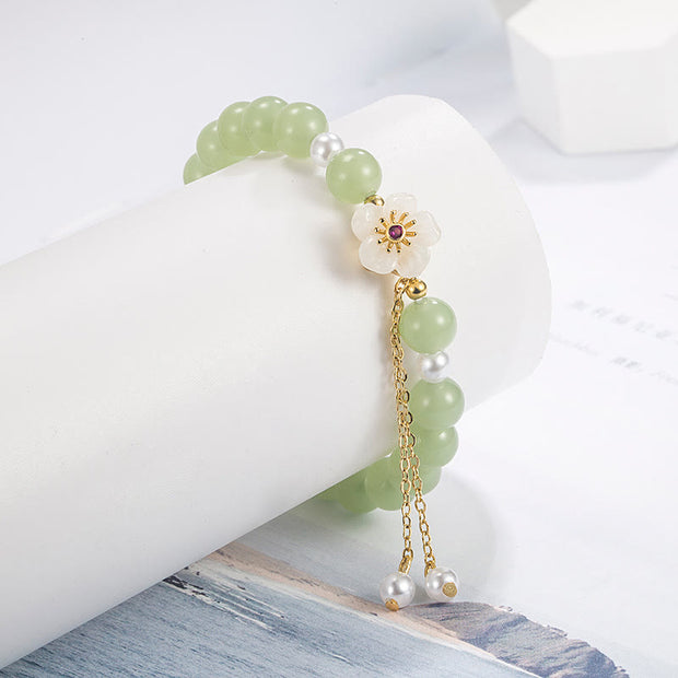 Buddha Stones Jade Peach Blossom Flower Pearl Luck Blessing Bracelet Bracelet BS 2
