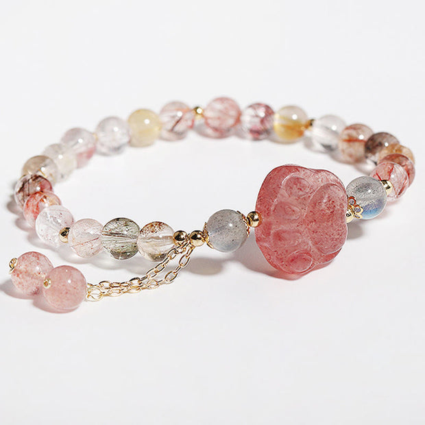 Buddha Stones Natural Strawberry Quartz Cat Paw Claw Colorful Rutilated Quartz Moonstone Love Bracelet Bracelet BS 4