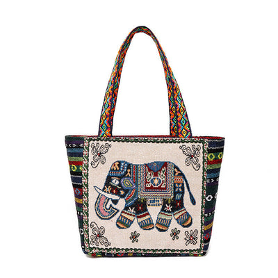Buddha Stones Elephant Butterfly Embroidered Large Capacity Canvas Tote Bag Shoulder Bag