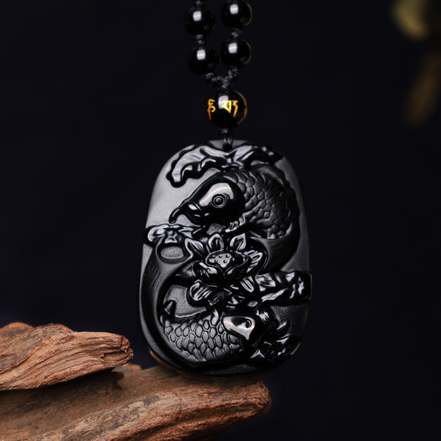 Buddha Stones Natural Black Obsidian Koi Fish Lotus Strength Beaded Necklace Pendant