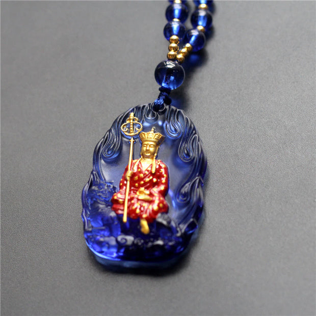 Buddha Stones Ksitigarbha Buddha Liuli Crystal Compassion Amulet Necklace Pendant Necklaces & Pendants BS Blue Ksitigarbha