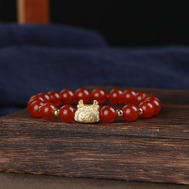 Buddha Stones Year Of The Dragon Red Agate Gray Agate Dumpling Luck Fu Character Bracelet Bracelet BS Red Agate Dumpling Dragon(Wrist Circumference 14-16cm) 10mm