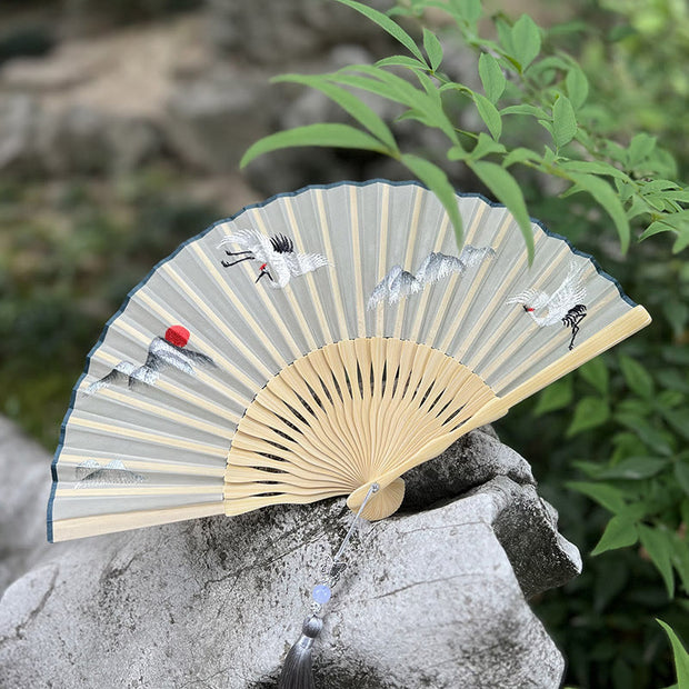 Buddha Stones Butterfly Flowers Nine-Tailed Fox Crane Embroidery Handheld Silk Bamboo Folding Fan