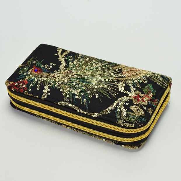 Buddha Stones Peacock Double-sided Embroidery Cash Holder Wallet Shopping Purse Bag BS Black Peacock