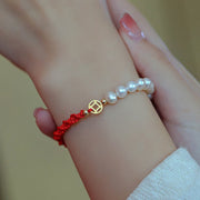 Buddha Stones 14K Gold Plated Pearl Bead Luck Protection Braid Red String Bracelet