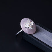 925 Sterling Silver Pink Crystal Aventurine Lotus Balance Ring