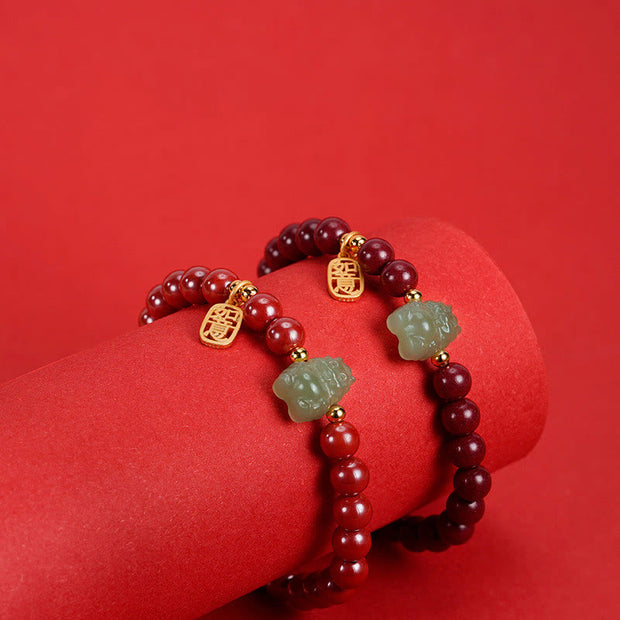 Buddha Stones 925 Sterling Silver Year of the Dragon Natural Cinnabar Hetian Jade Dragon Fu Character Ruyi As One Wishes Charm Blessing Bracelet Bracelet BS 14