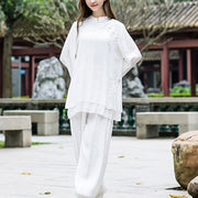 Buddha Stones 2Pcs White Flowers Yoga Clothing Meditation Clothing Top Pants Women's Set Clothes BS 11
