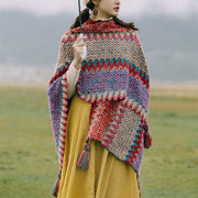 Buddha Stones Tibetan Shawl Knitting Warm Cloak Tibetan Tassel Scarf Tibetan Shawl BS Red Cardigan