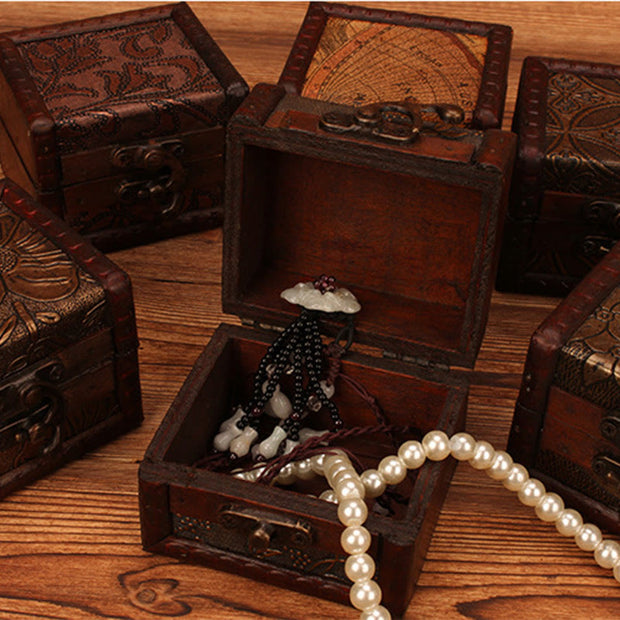 Buddha Stones Retro Small Square Wood Jewelry Box Lotus Grass Flower Grape Copper Coin Daffodil Jewelry Storage Box