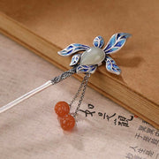 Buddha Stones 925 Sterling Silver Natural Hetian Jade Leaf Prosperity Charm Hairpin Decorations BS 4
