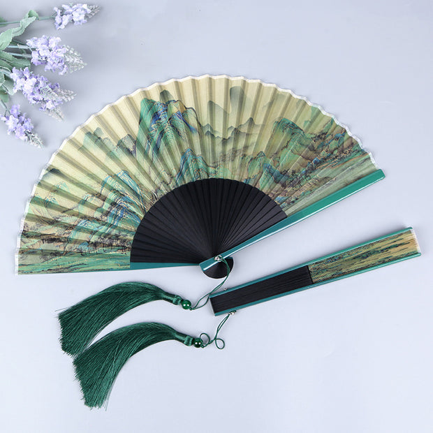 Buddha Stones Crane Pine Sun Sea A Panorama Of Rivers And Mountains Handheld Silk Bamboo Folding Fan