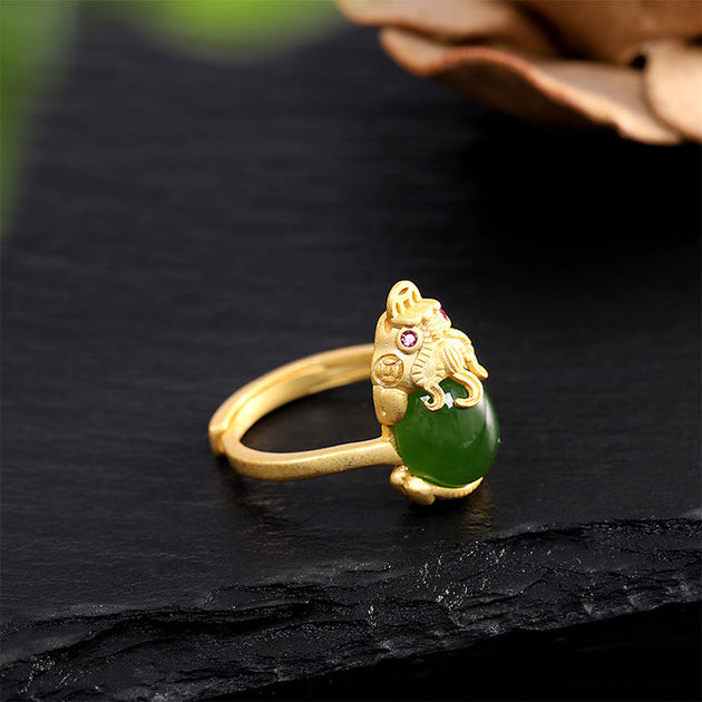 Buddha Stones 18k Gold-plated Pixiu Jade Wealth Ring – buddhastoneshop