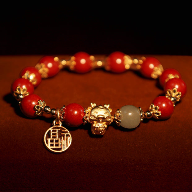 Buddha Stones Year of the Dragon Natural Cinnabar Fu Character Charm Blessing Bracelet Bracelet BS 6