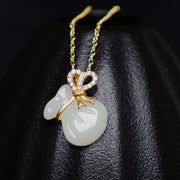 Buddha Stones Natural Hetian White Jade Luck Money Bag Necklace Pendant Necklaces & Pendants BS 6
