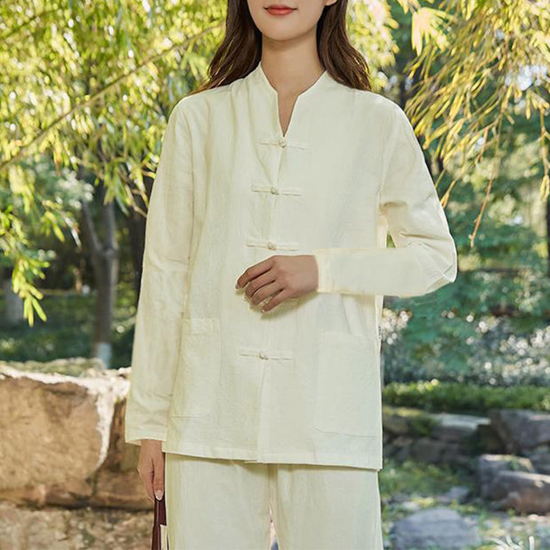 Buddha Stones Spiritual Zen Practice Yoga Meditation Prayer Uniform Cotton Linen Clothing Women's Set Clothes BS Beige 6XL