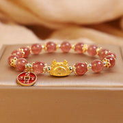 Buddha Stones Year of the Dragon Strawberry Quartz Copper Coin Attract Wealth Charm Bracelet Bracelet BS 4