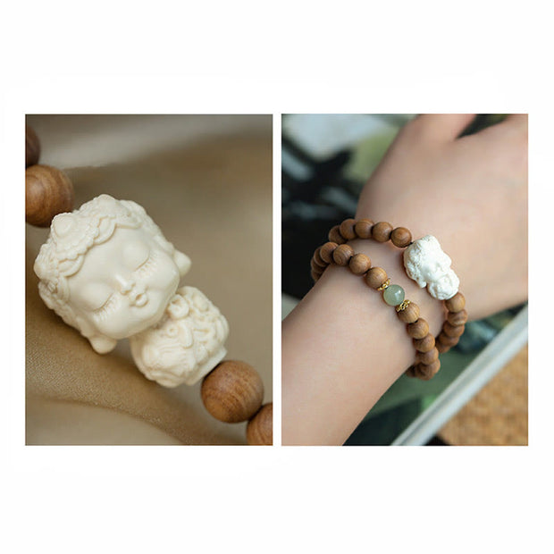 Buddha Stones Sandalwood Hetian Jade Ivory Fruit Green Tara Protection Bracelet Bracelet BS 6