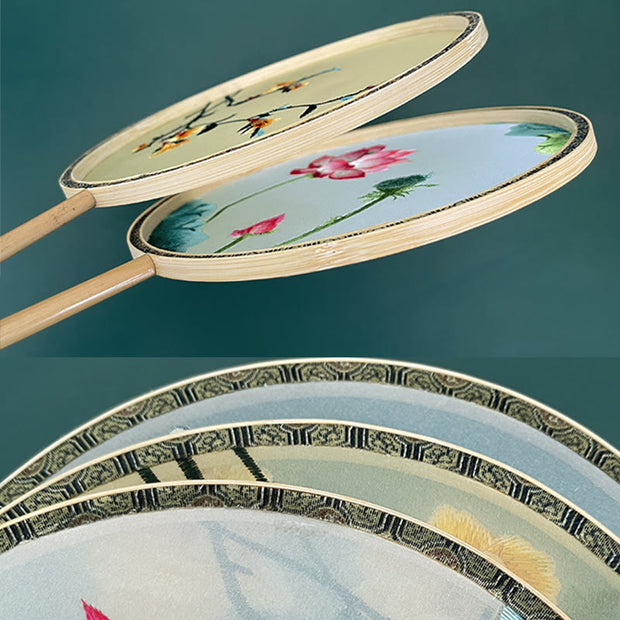 Buddha Stones Lotus Flowers White Crane Auspicious Clouds Double-sided Embroidered Handheld Silk Fan