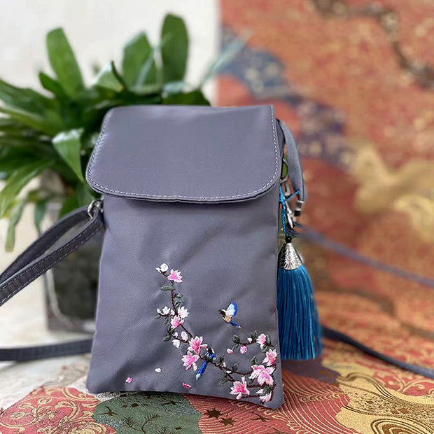 Buddha Stones Waterproof Handmade Embroidered Lotus Flowers Crossbody Bag Shoulder Bag Cellphone Bag Bag BS Gray Flower Bird