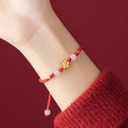 Buddha Stones Handmade 925 Sterling Silver Peach Blossom Cherry Sakura Chalcedony Bead Luck Red Rope Bracelet