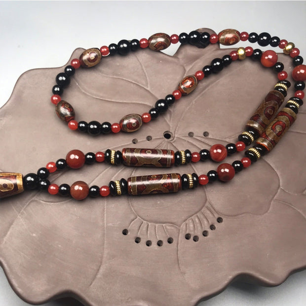 Buddha Stones Nine-Eye Dzi Bead Red Agate Wealth Health Necklace Necklace BS 1