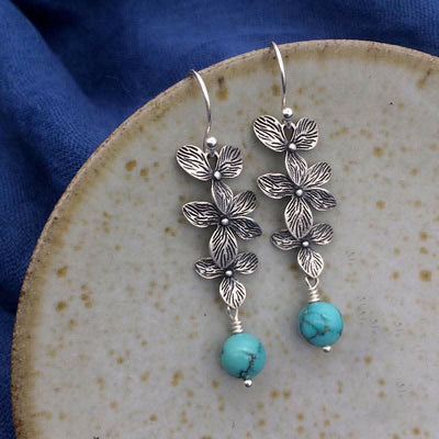 Buddha Stones 925 Sterling Silver Turquoise Lazurite Flower Leaf Serenity Protection Hook Drop Dangle Earrings Earrings BS Turquoise&925 Sterling Silver