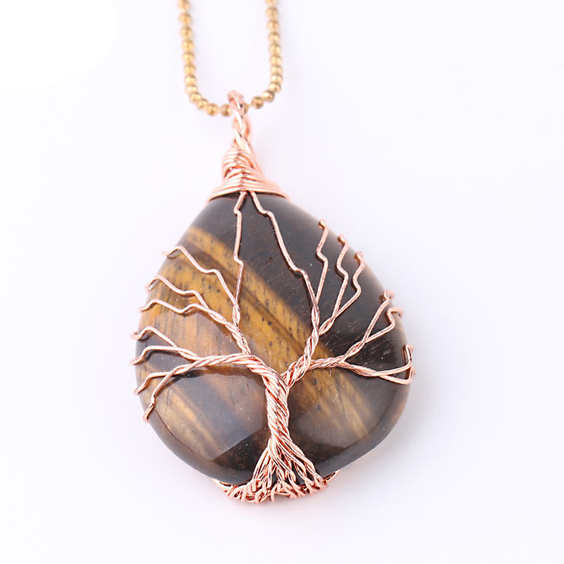Buddha Stones Natural Quartz Crystal Tree Of Life Healing Energy Necklace Pendant Necklaces & Pendants BS Tiger Eye Rose Gold Tree