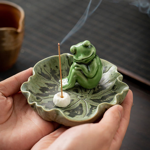 Buddha Stones Leaf Meditation Frog Pattern Healing Ceramic Incense Burner Decoration Incense Burner BS 22