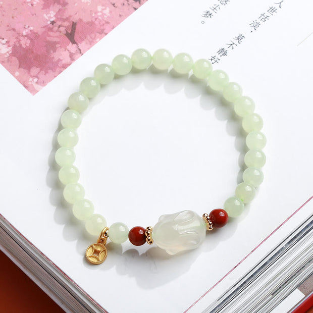 Buddha Stones 925 Sterling Silver Plated Gold Natural Hetian Jade Bead Gourd Lotus Bamboo Fu Character Luck Bracelet Bracelet BS Hetian Jade Chalcedony Rabbit(Wrist Circumference 14-16cm)