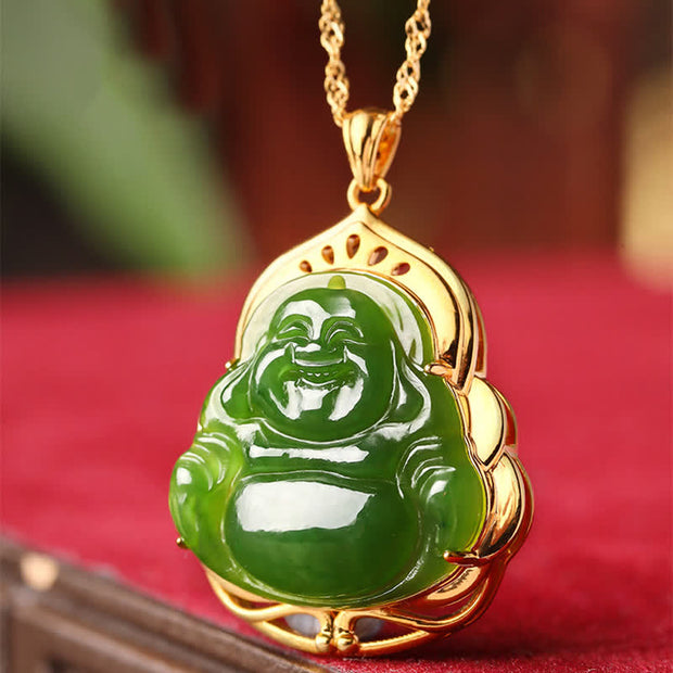 Buddha Stones 925 Sterling Silver Natural Hetian Cyan Jade Laughing Buddha 18K Gold Healing Necklace Chain Pendant Necklaces & Pendants BS 3