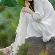 Buddha Stones 2Pcs White Tai Chi Meditation Yoga Zen Cotton Linen Clothing Top Pants Women's Set Clothes BS 12