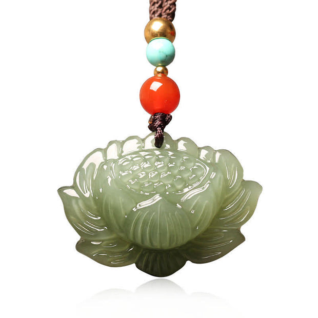 Buddha Stones Hetian Cyan Jade Lotus Flower Success Necklace Pendant Necklaces & Pendants BS 4