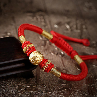 Buddha Stones 999 Sterling Silver Round Copper Coin Protection Luck Beaded String Bracelet Bracelet BS Red(Bracelet Size 13+10cm)