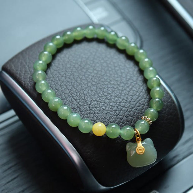 Buddha Stones 925 Sterling Silver Plated Gold Natural Hetian Jade Bead Gourd Lotus Bamboo Fu Character Luck Bracelet Bracelet BS Hetian Jade Cute Cat(Wrist Circumference 14-16cm)