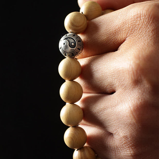 Buddha Stones Tibet Peach Wood Lotus Cinnabar Bagua Yin Yang Luck Wealth Bracelet Bracelet BS 4