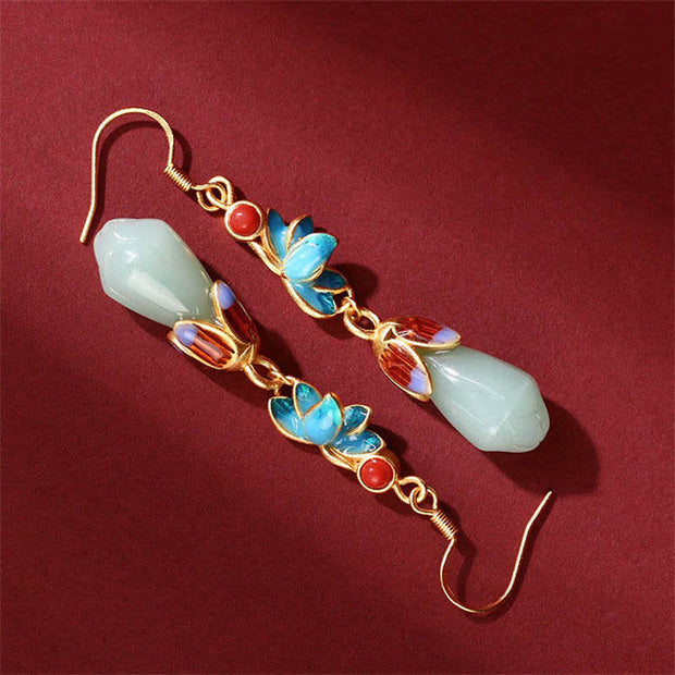 Buddha Stones Magnolia Flower Jade Pattern Luck Prosperity Drop Dangle Earrings Earrings BS 2