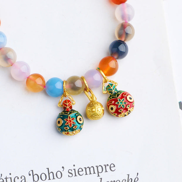 Buddha Stones Colorful Candy Agate Gold Swallowing Beast Family Peach Harmony Charm Bracelet