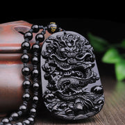 Buddha Stones Black Obsidian Stone Dragon Fulfilment Pendant Necklace Necklaces & Pendants BS 6