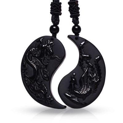 Buddha Stones Black Obsidian Yin Yang Dragon Phoenix Luck Necklace Pendant Necklaces & Pendants BS main