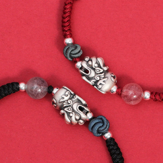 Buddha Stones 999 Sterling Silver PiXiu Strawberry Quartz Bead Wealth Luck Braided Bracelet Bracelet BS 10