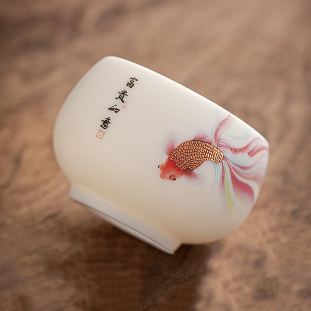 Buddha Stones Koi Fish White Porcelain Ceramic Teacup Kung Fu Tea Cup
