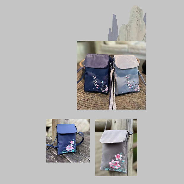 Buddha Stones Waterproof Handmade Embroidered Lotus Flowers Crossbody Bag Shoulder Bag Cellphone Bag Bag BS 29