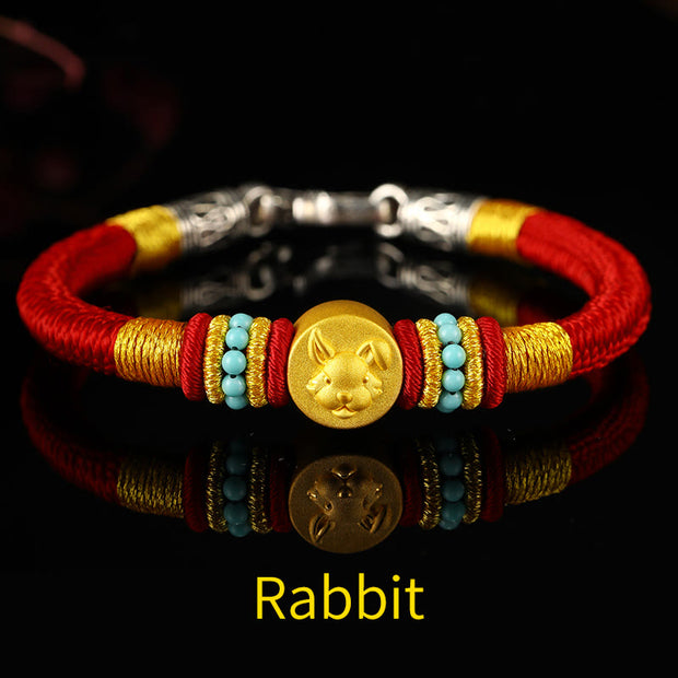 Buddha Stones 999 Gold Chinese Zodiac Om Mani Padme Hum King Kong Knot Protection Handcrafted Bracelet Bracelet BS Rabbit 19cm