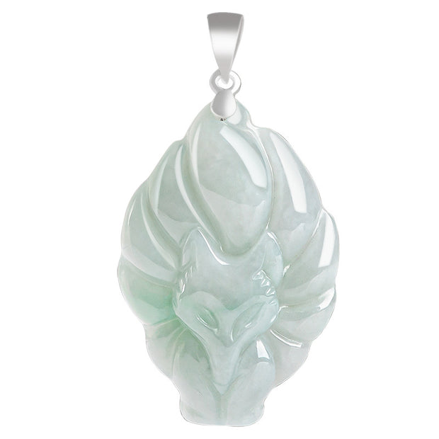 Buddha Stones 925 Sterling Silver Natural Jade Nine Tailed Fox Prosperity Necklace Pendant Necklaces & Pendants BS 9